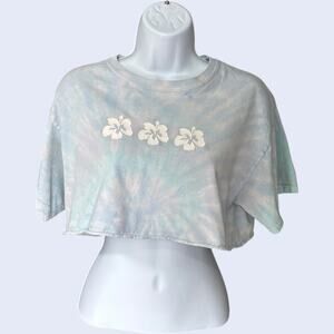 Colortone Hibiscus Tie-Dye Crop Top Blue White Flowers 2000s Y2K Medium